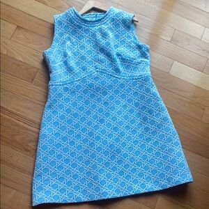 Blue and White Sleeveless Mock Neck Sheath Dress